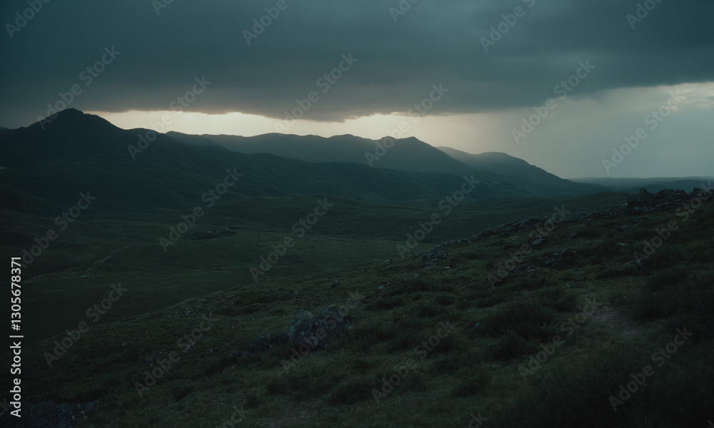 Obraz premium sun peeks through a dark, threatening cloud over rolling hills nature on its glory dark environment a road on a hill is under stormy skies