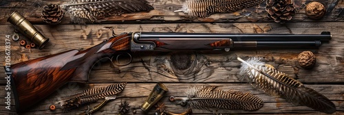 A banner concept focused on hunting: illustrating a part of a hunting rifle and woodcock plumage set on a wooden tabletop backdrop, featuring text space