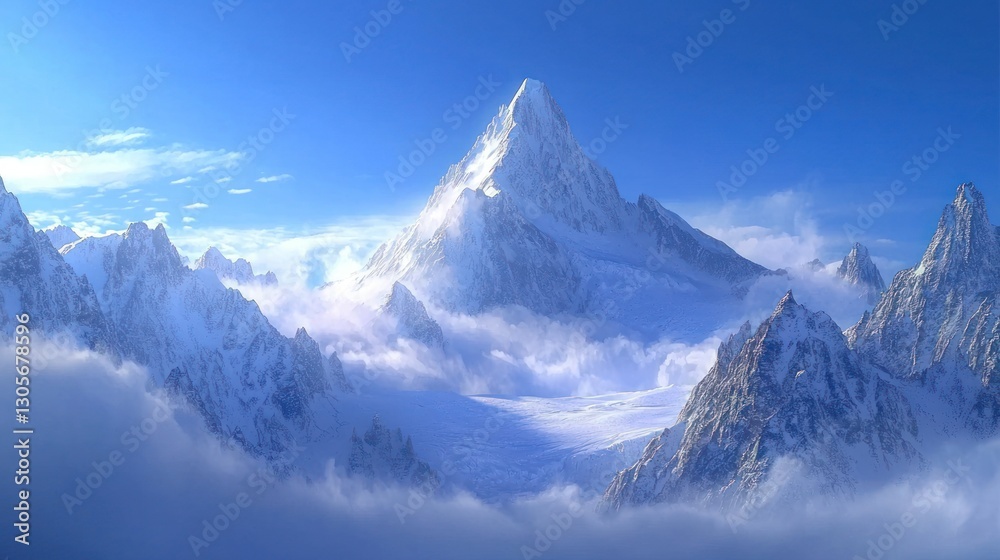 Obraz premium Majestic snow-capped peak piercing clouds.