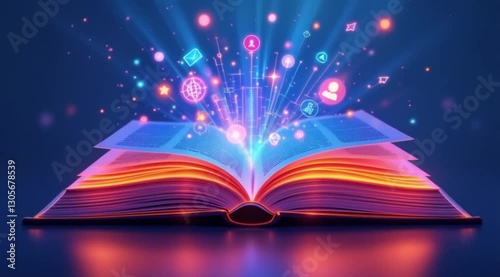 Open book with digital icons exploding from pages, abstract, graphic design, inspirational, use for education
