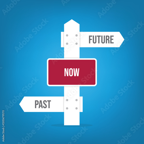 Past now future signpost. Successful choice vector concept. Different way or alternative illustration. Opposite direction traffic sign.