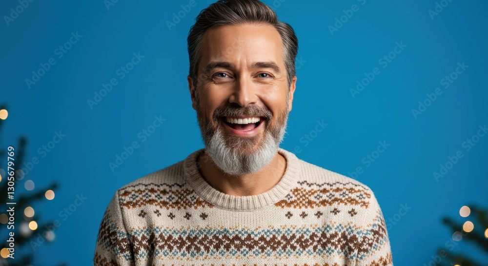 Fototapeta premium Cheerful man in winter sweater smiling against festive blue background