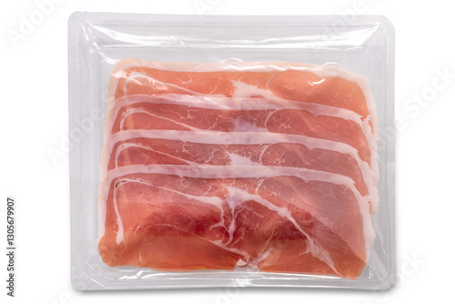 Photography Raw Parma ham slices sealed in clear plastic tray isolated
