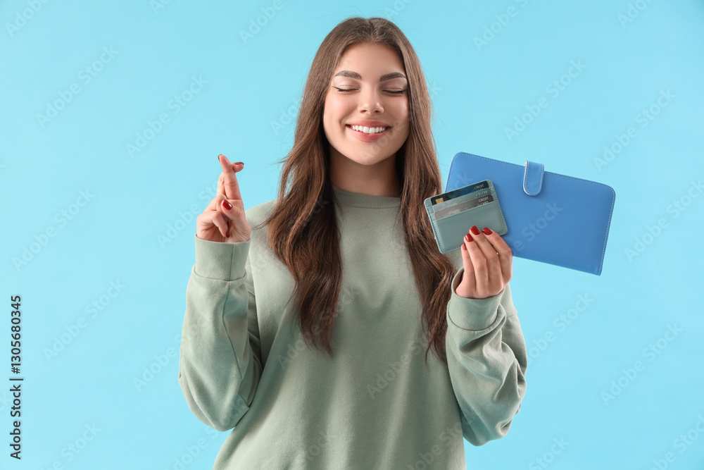 Young woman with wallets and credit cards crossing fingers on blue background Young woman with wallets and credit cards crossing fingers on blue background