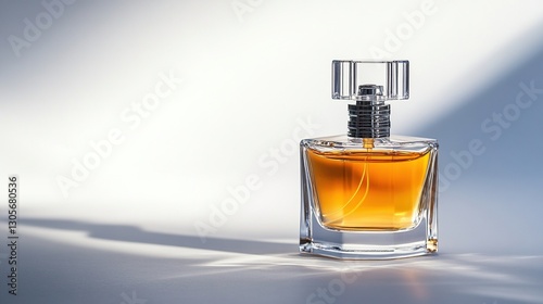 Amber perfume in glass bottle on white background.