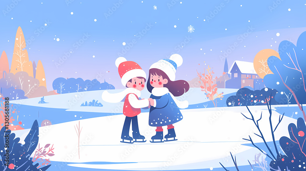 Naklejka premium Children ice skating joyfully on a snowy landscape, surrounded by trees and a cozy house in winter