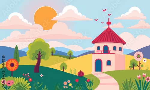Charming Countryside Scene with Illustrative House and Lush Landscape Under a Vibrant Blue Sky with Stylized Sun and Whimsical Clouds
