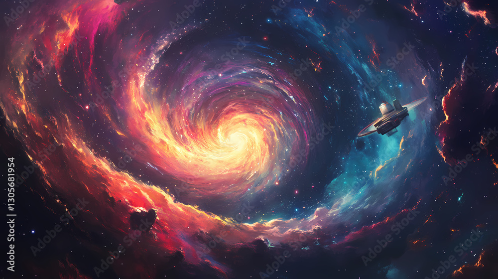 A cosmic scene featuring a swirling galaxy with vibrant colors, a mysterious spacecraft, and distant celestial bodies, evoking a sense of wonder and exploration. Celestial - Sky. Illustration