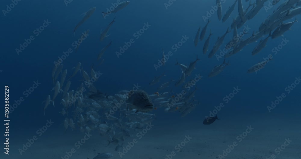 A massive grouper swims in the deep blue, encircled by a swirling school of jacks. The contrast between the large predator and the agile fish creates a mesmerizing underwater scene.