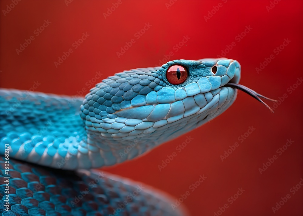 Artistic shot of a blue viper snake against a red background, highlighting its striking appearance. Artistic shot of a blue viper snake against a red background, highlighting its striking appearance.