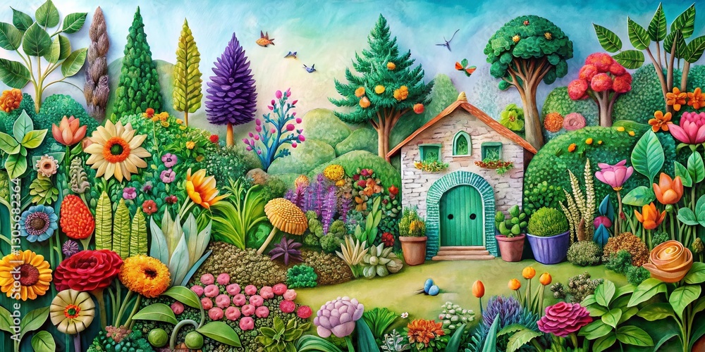 Whimsical Hand-Painted Paper Art: Vibrant Garden Texture, Surreal Botanical Illustration Whimsical Hand-Painted Paper Art: Vibrant Garden Texture, Surreal Botanical Illustration