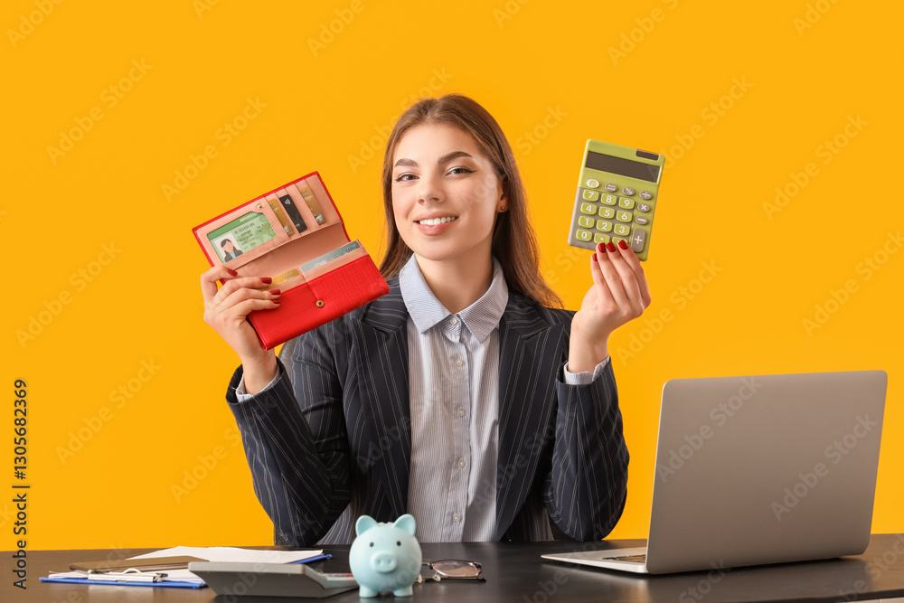 Young businesswoman with purse and calculator at table on yellow background Young businesswoman with purse and calculator at table on yellow background