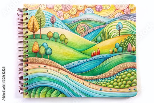 Whimsical Landscape Journal Cover: Patterned Contour Lines, Nature Sketchbook Design