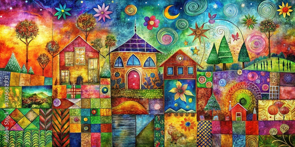 Fototapeta premium Whimsical Patchwork Doodle Art Double Exposure on Textured Background - Stock Photo
