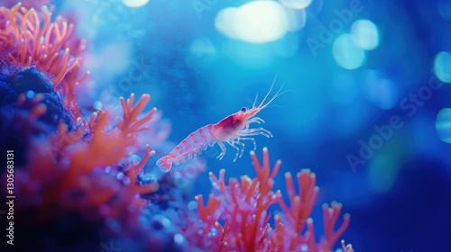 Fototapeta Naklejka Na Ścianę i Meble -  Pink shrimp swimming near coral reef.