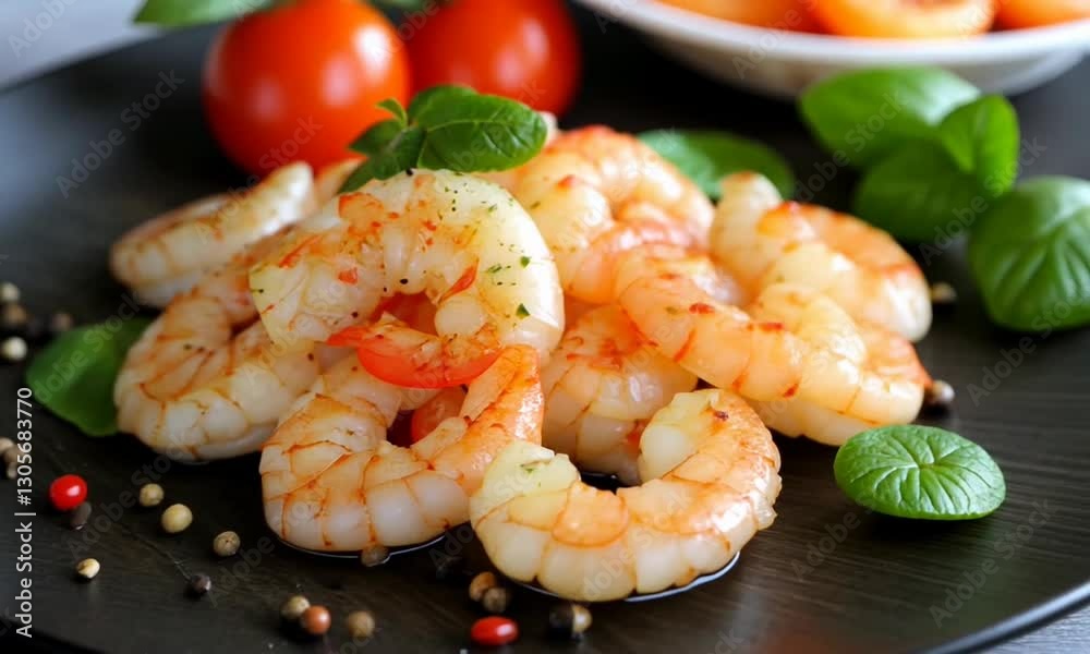 Freshly cooked shrimp garnished with basil, surrounded by cherry tomatoes and spices on a plate
