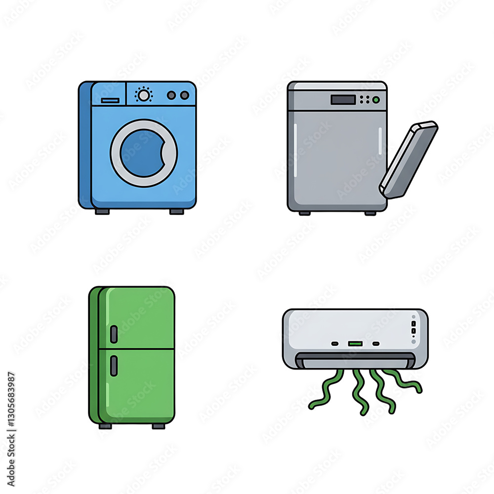 Fototapeta premium Home appliances illustration showcasing washer, dishwasher, fridge, and conditioner