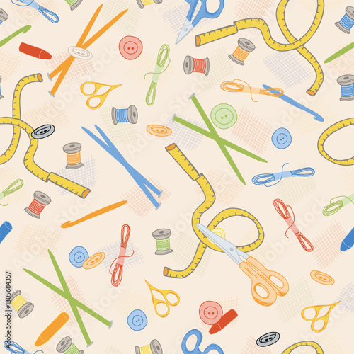 Crafty Corner Colorful Craft Tools on Ecru background creating a seamless pattern print background