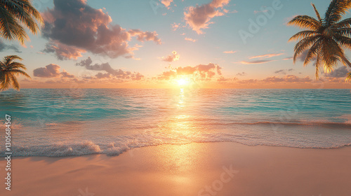 A breathtaking beach scene with crystal-clear turquoise waters, golden sands, lush palm trees, and a sunset casting warm hues over the ocean, symbolizing tranquility, peace, and natural beauty