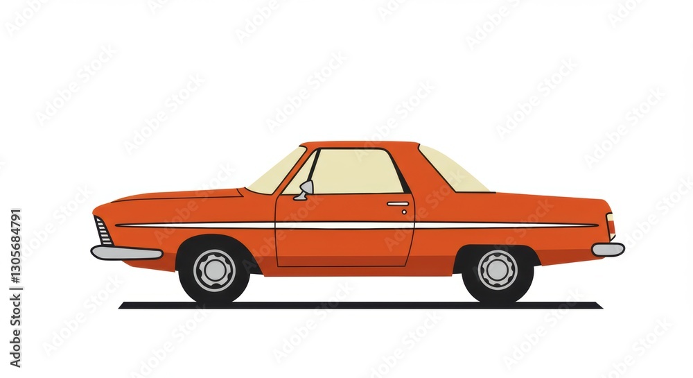 Fototapeta premium Retro orange car on white background with minimalist design elements