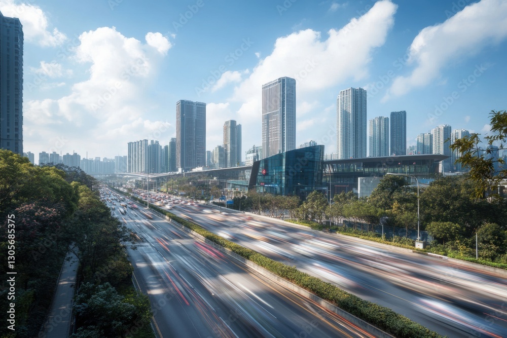 Fototapeta premium Sunny city streets, bustling traffic flow of vehicles on the highway in Shenzhen with tall buildings and modern architecture along both sides Generative AI