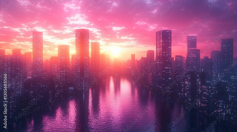 Fototapeta premium Pink sunset over futuristic city skyline reflected in water.