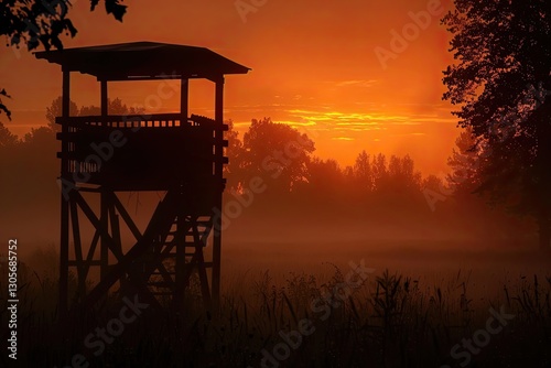 A hunting tower captured at sunrise, situated in a field near Staré sedlo village in southern Bohemia, bathed in morning fog photo