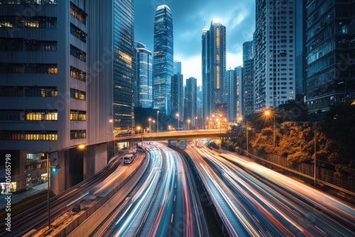 A cityscape with tall buildings and busy streets, capturing the essence of urban life during the blue hour The scene includes cars moving at high speeds on roads Generative AI