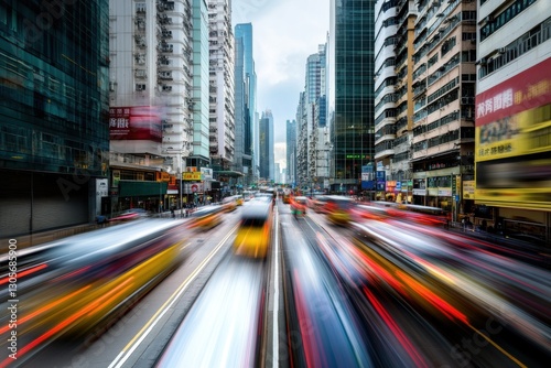 A bustling city street with towering skyscrapers, cars zooming by in a motion blur, and vibrant colors of the urban landscape Generative AI