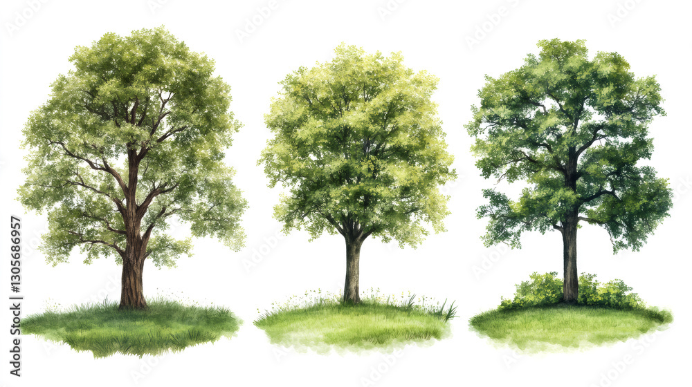 Watercolor rendering depicting three verdant trees growing on grassy patches, set against pristine white background Watercolor rendering depicting three verdant trees growing on grassy patches, set against pristine white background