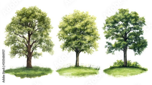 Watercolor rendering depicting three verdant trees growing on grassy patches, set against pristine white background