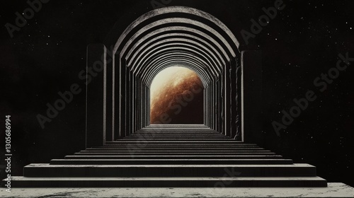 A surreal journey through an endless archway leading to a fiery celestial body. Dark, mysterious, and awe-inspiring.