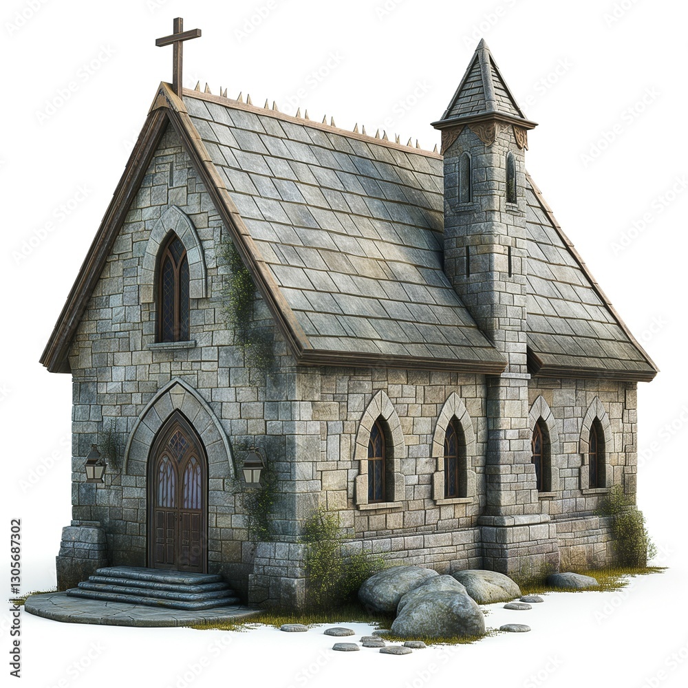 A charming stone church with a cross atop its turret, surrounded by earthy tones and natural elements. A charming stone church with a cross atop its turret, surrounded by earthy tones and natural elements.