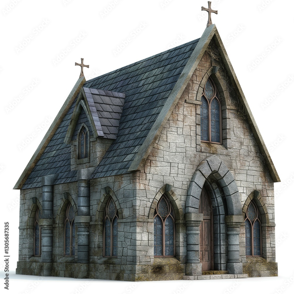 A beautifully detailed Gothic-style church with ornate windows, stone exterior, and crosses adorning the peak. A beautifully detailed Gothic-style church with ornate windows, stone exterior, and crosses adorning the peak.