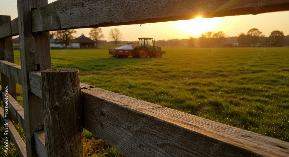 Rustic farm scene with tractor and wooden fence at sunrise Rustic farm scene with tractor and wooden fence at sunrise