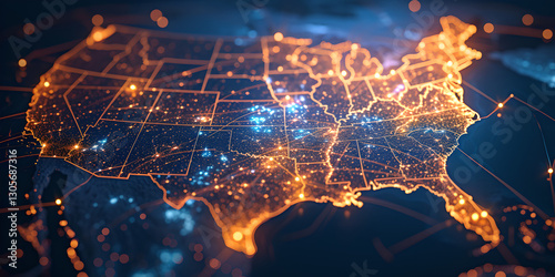 an image of the united states map with lines and connections, night photography,  internet networks connections concept , space view , technology