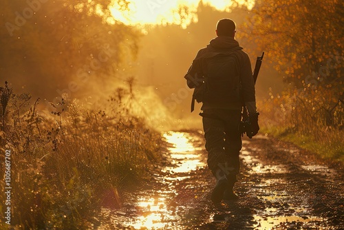 Hunter with a shotgun standing out against the beautiful hues of sunset