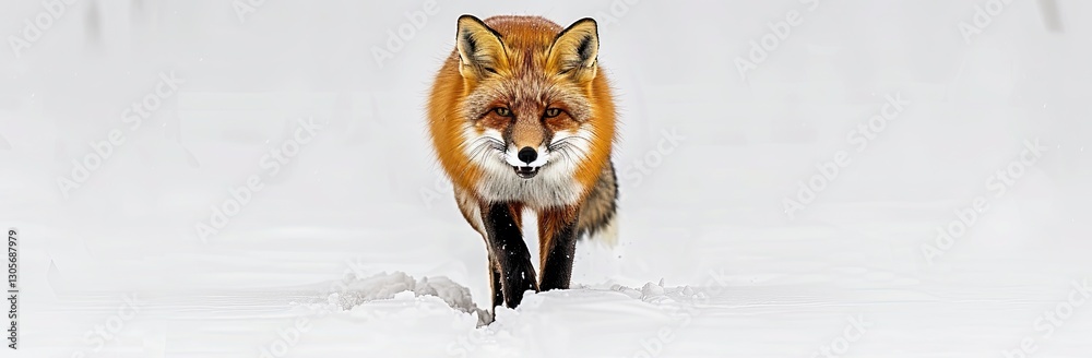 Obraz premium Red fox, vulpes vulpes, moves ahead on a meadow during wintertime nature. An orange predator licks its lips on a snowy field. A tough beast hunts in the white wilderness, leaving room to roam