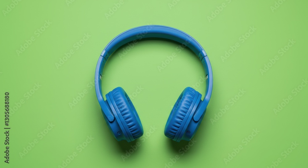 Blue headphones on green background: modern sound and style Blue headphones on green background: modern sound and style