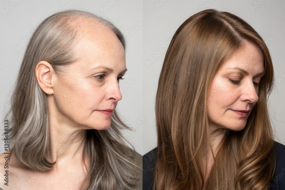 Transformation of a Woman's Hair From Thinning to Full and Vibrant Color Generative AI Transformation of a Woman's Hair From Thinning to Full and Vibrant Color Generative AI