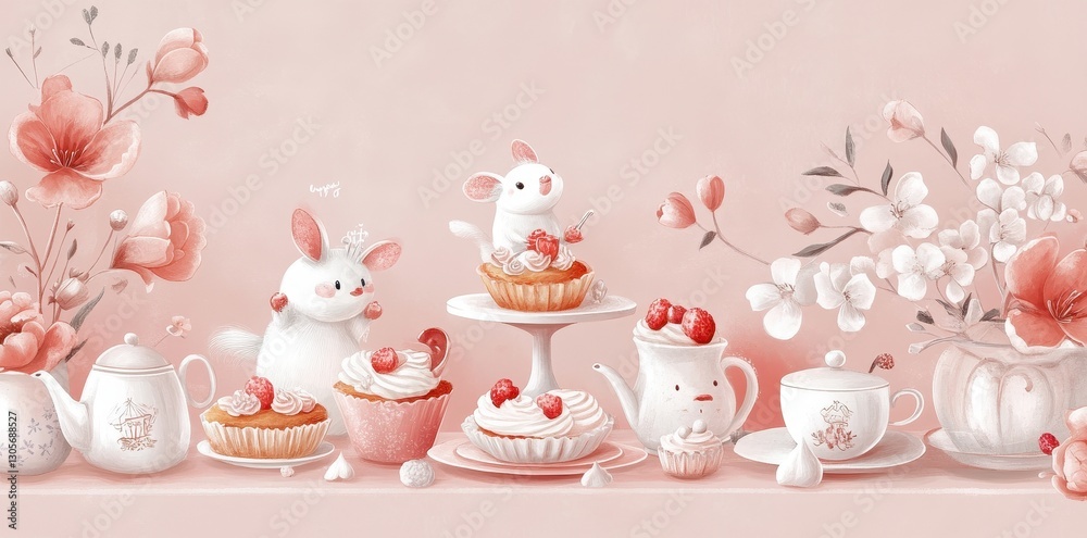 A delicate illustration of cupcakes teacups and adorable creatures A delicate illustration of cupcakes teacups and adorable creatures