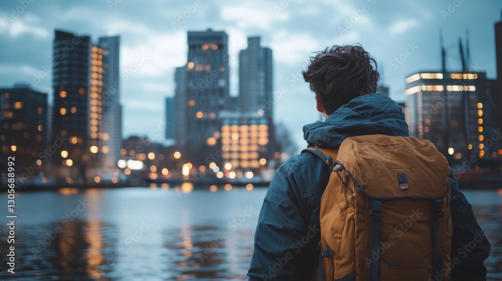 Man with backpack admiring city lights at dusk. Man with backpack admiring city lights at dusk.