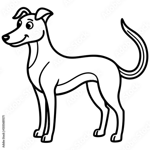 a cartoon illustration of a greyhound dog, standing with a wagging tail. The dog has a sleek, slender build, with long legs, and perked ears vector illustration