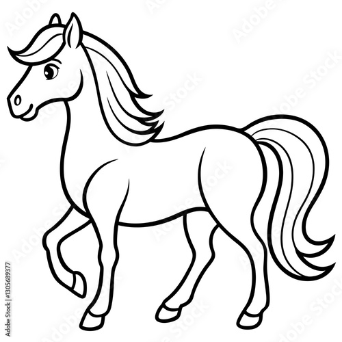 a simple line art illustration of a graceful horse with a flowing mane and tail, walking forward. The horse is presented in black and white, suggesting a coloring book style. vector illustration