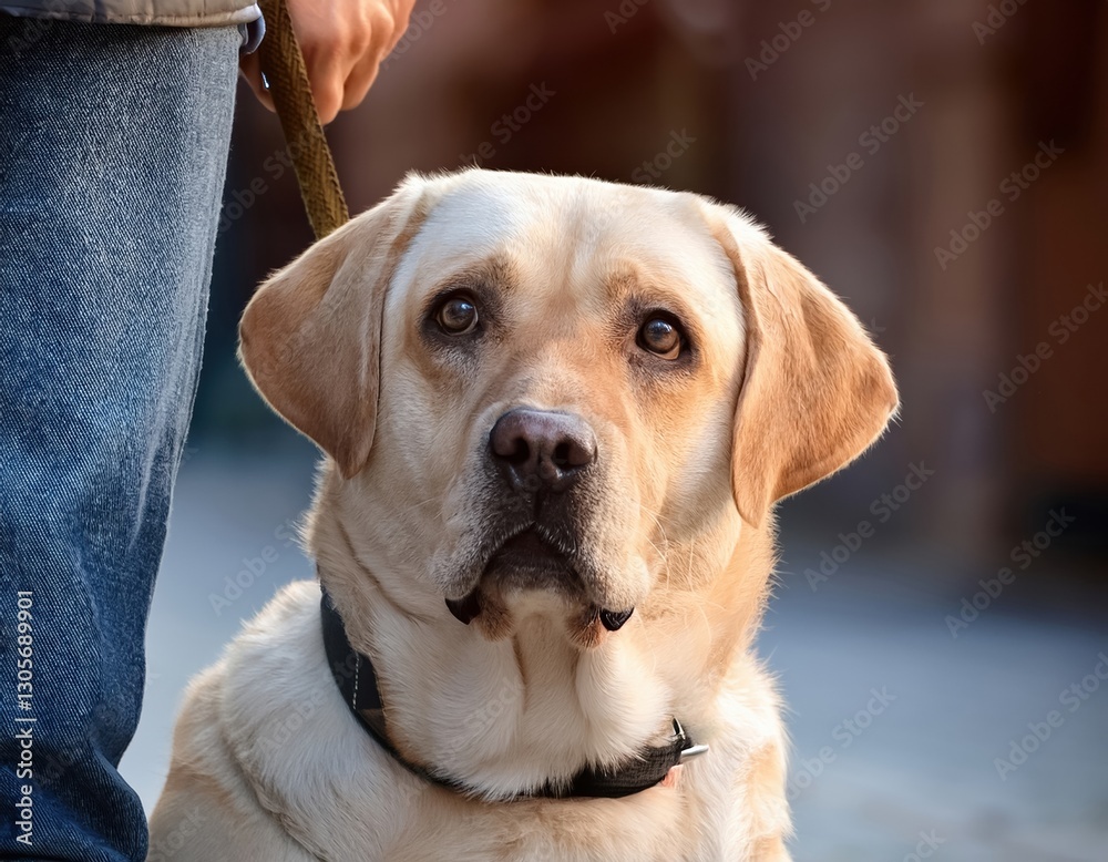 Friendly yellow labrador waiting patiently with owner during a leisurely walk in the park Friendly yellow labrador waiting patiently with owner during a leisurely walk in the park