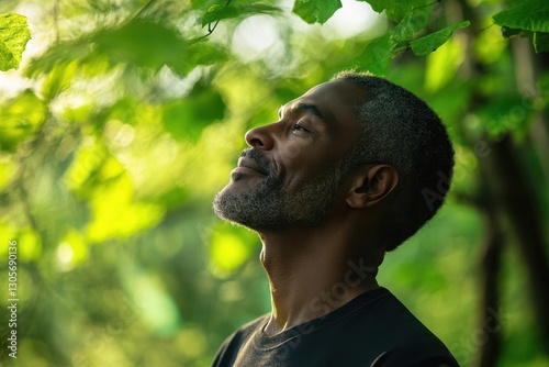 Empowered Black Man Enjoying the Serenity of Fresh Forest Air, Surrounded by Lush Green Trees and Radiating Calm and Vitality
