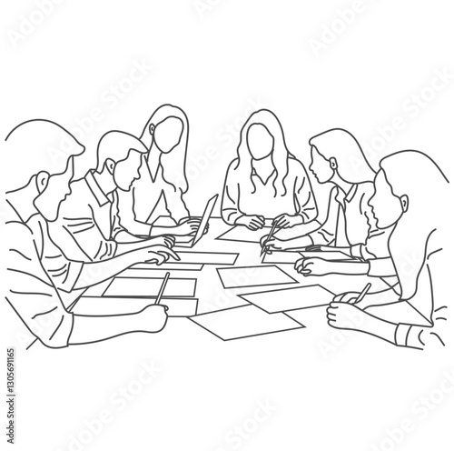Vector business meeting discussion between the worker. Business training and presentation concept of line art design. continuous line drawing of office workers at a business meeting

