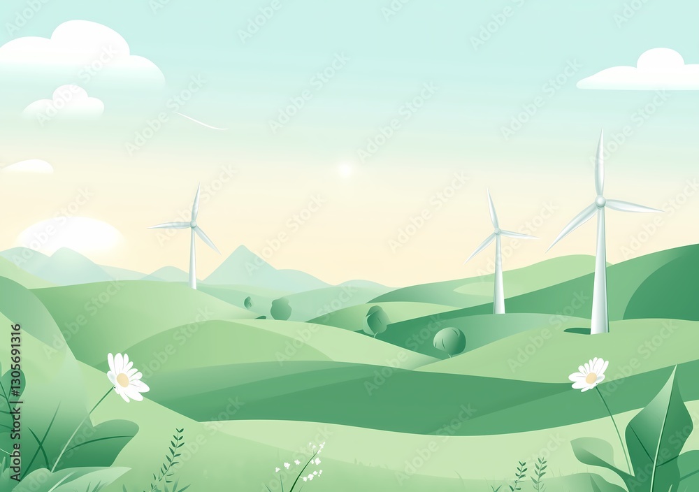 Obraz premium A rural landscape with wind turbines in the field