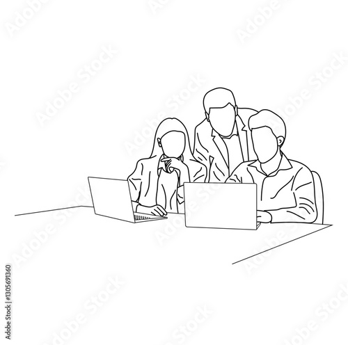 Vector business meeting discussion between the worker. Business training and presentation concept of line art design. continuous line drawing of office workers at a business meeting
