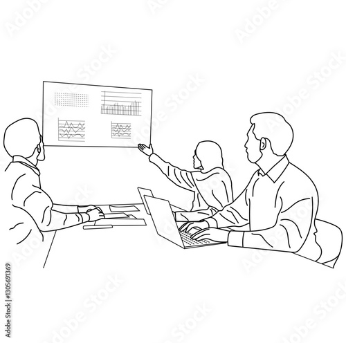 Vector business meeting discussion between the worker. Business training and presentation concept of line art design. continuous line drawing of office workers at a business meeting
